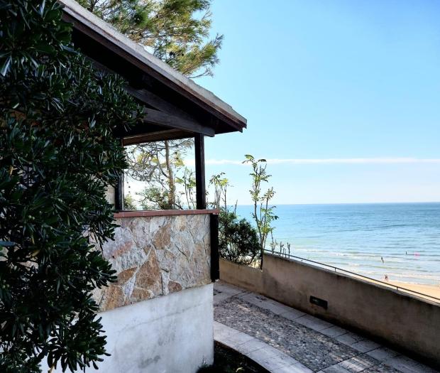 Vista mare da terrazza con piante e cielo sereno.