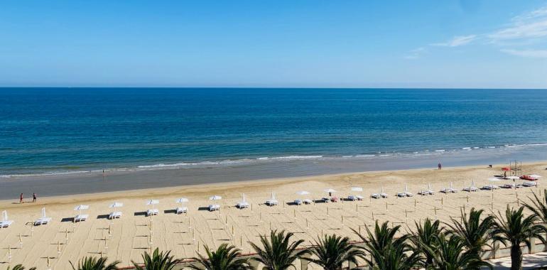 Spiaggia sabbiosa con ombrelloni bianchi, palme e mare calmo.