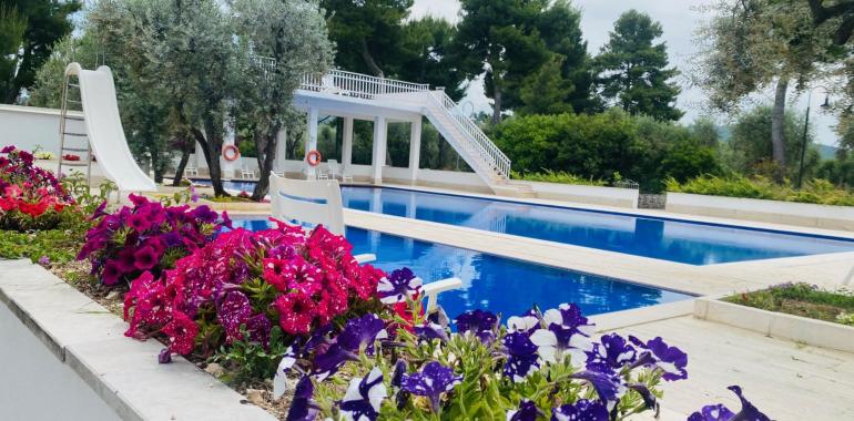 Piscina con fiori colorati e scivolo, immersa nella natura.
